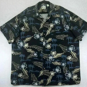 Vintage Silk Men’s Shirt 3XLT Black/Blue/Tan 100% Silk Hawaiian Tropical Island